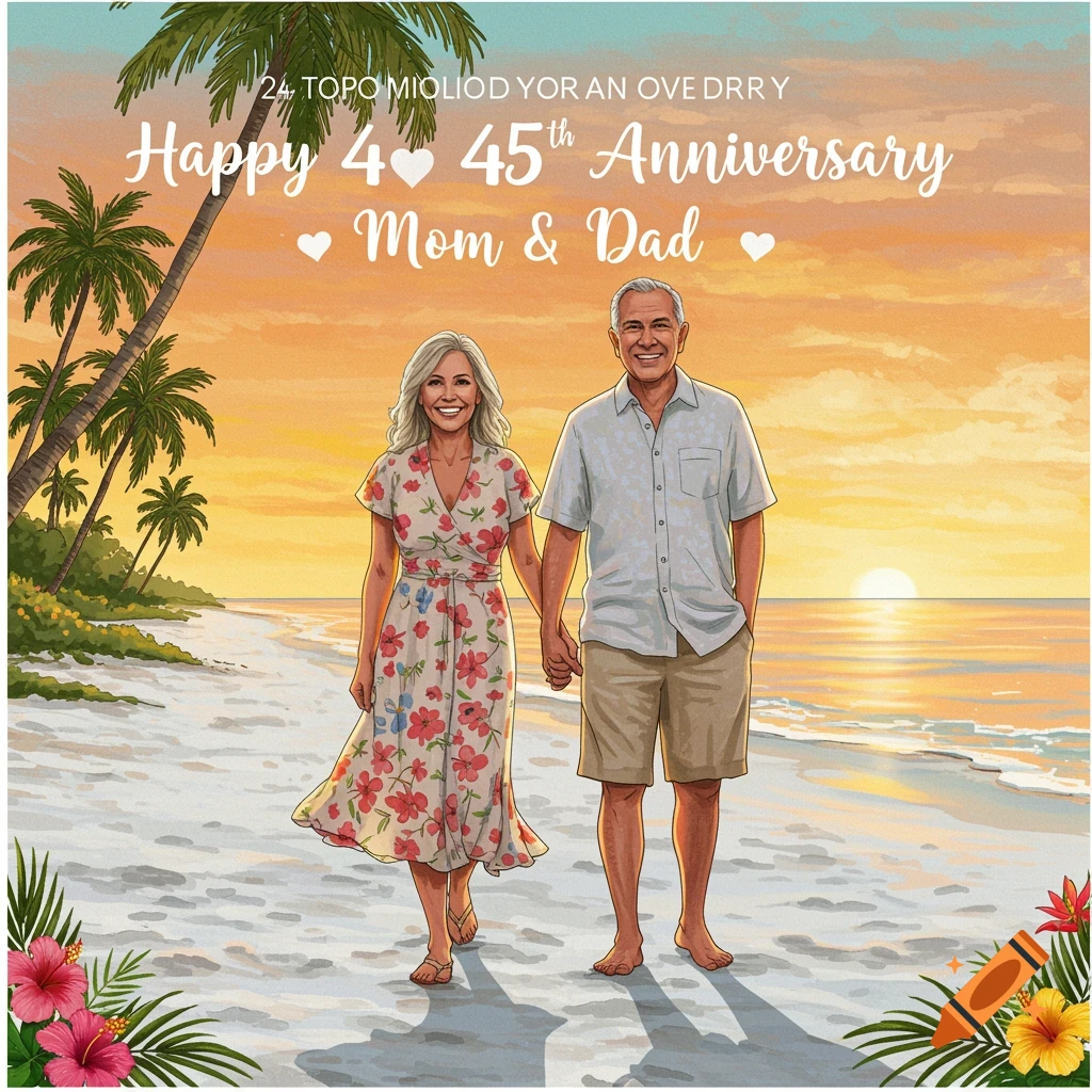 An elderly couple holding hands on a beach at sunrise, with text "Happy 45th Anniversary Mom & Dad".