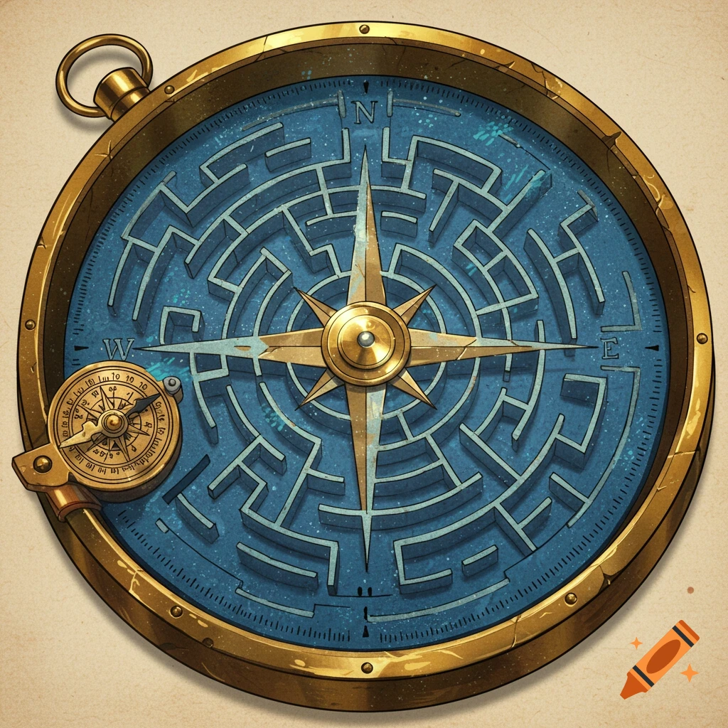 A brass compass with a blue maze on its face and a small sub-dial.