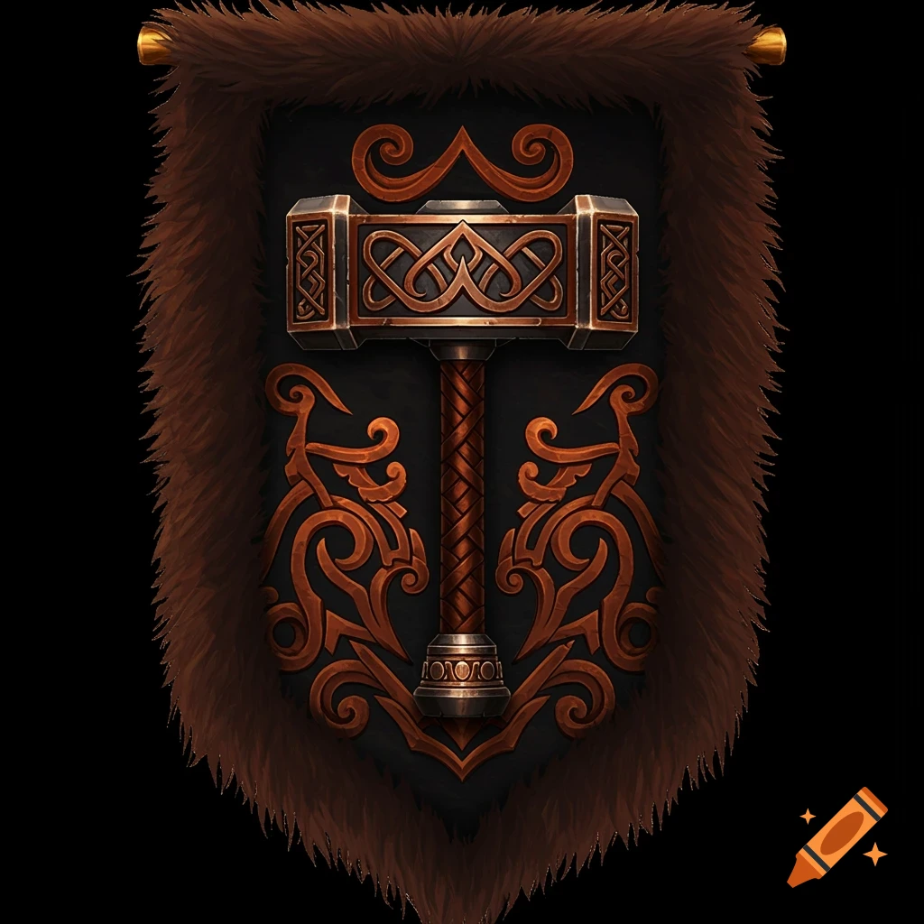 A fantasy guild banner with a dwarven hammer and fur border.