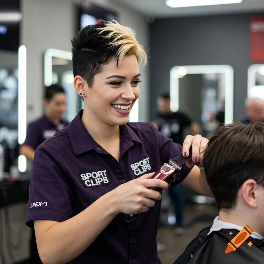 Woman with black and blonde hair cutting hair at a Sport Clips.