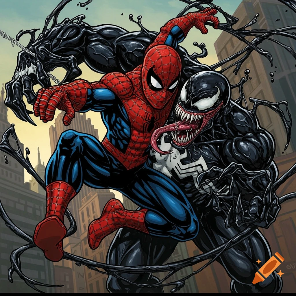 Spider-Man battles Venom in a comic book style.