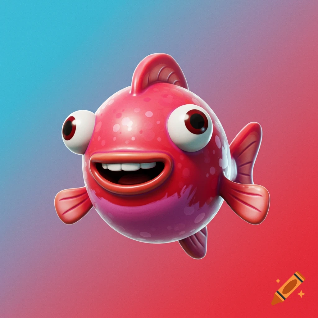 A pink cartoon fish with large eyes and a wide smile floats against a blue and red gradient background.