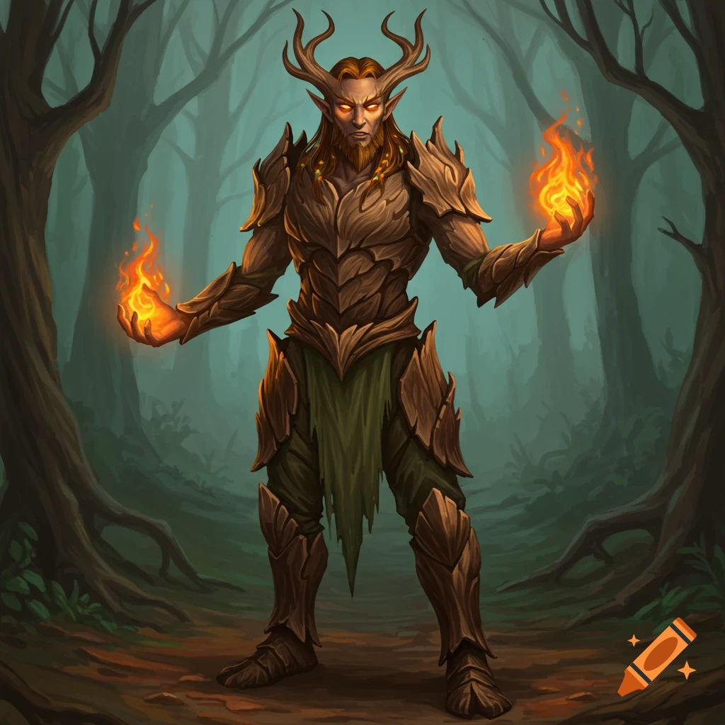 A male wood elf in bark armor casts fire magic in a forest.