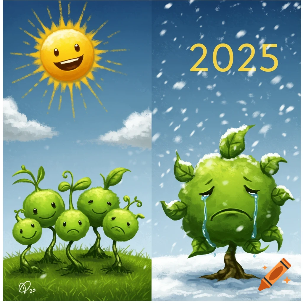 An image split into two panels. Left: Cartoon plants smile under a sun. Right: A cartoon plant cries in the snow under '2025'.