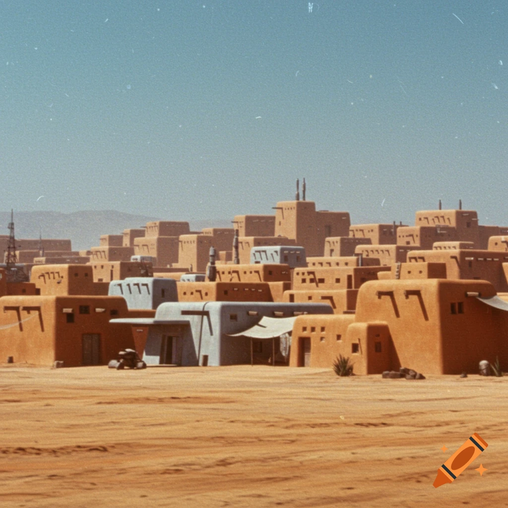 A vintage photo of a futuristic desert pueblo city under a clear sky.