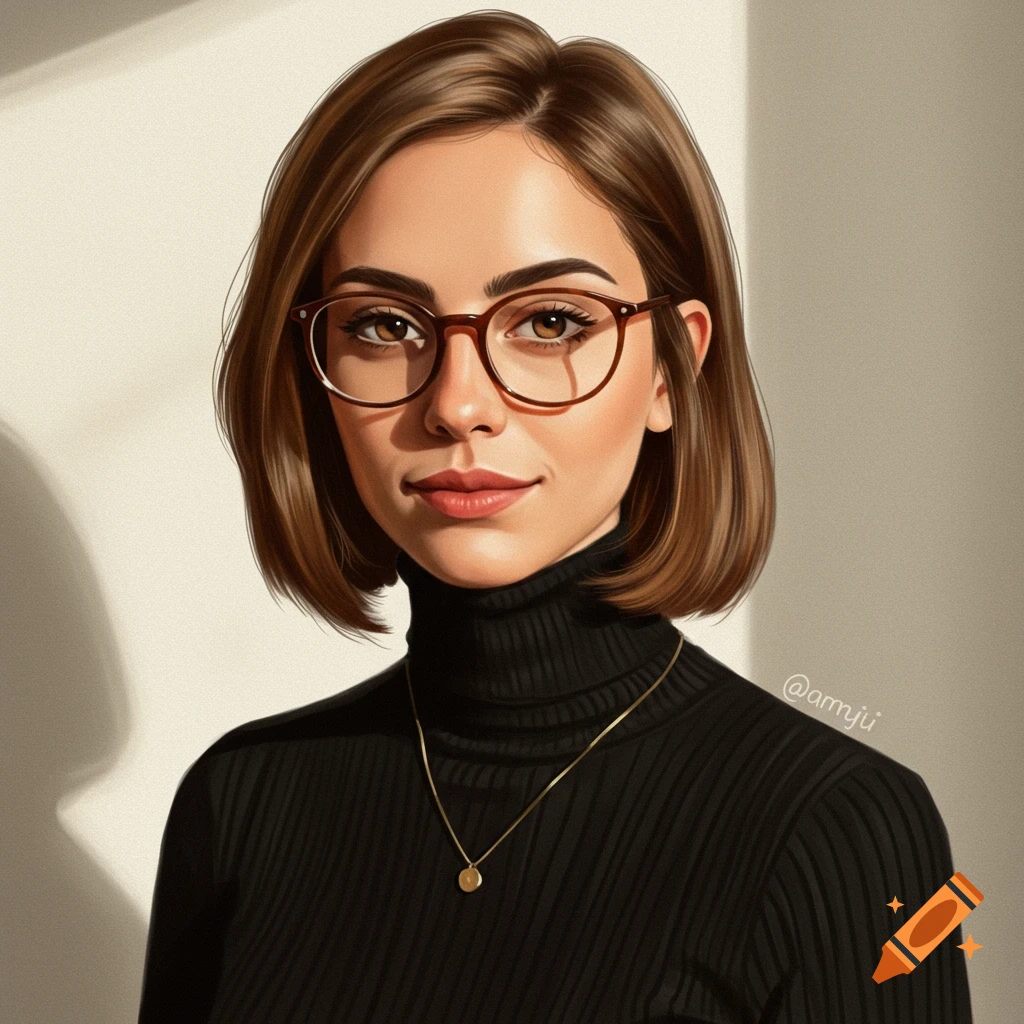 A woman with short brown hair and glasses wearing a black turtleneck.