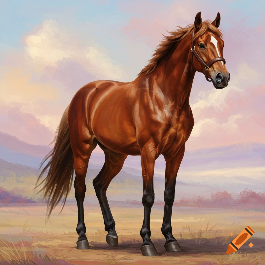 A brown horse standing in a field at sunset.
