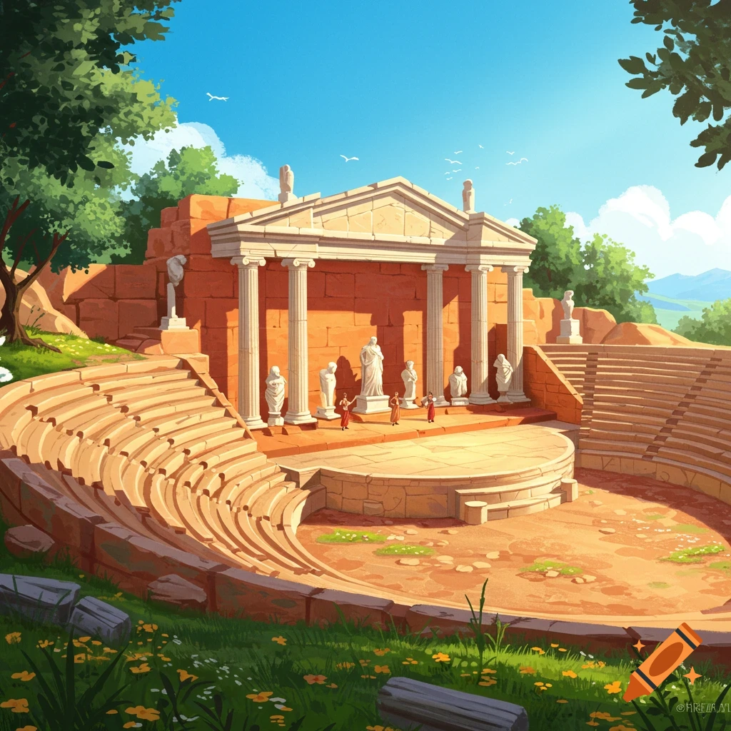 An ancient Greek theater with spectators on stage