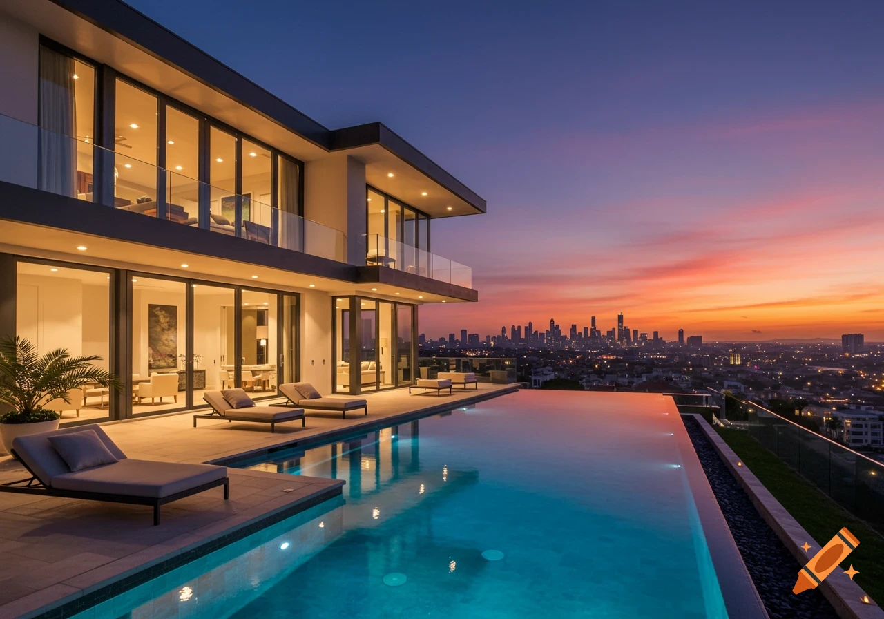 Luxury mansion with infinite pool overlooking city skyline at sunset
