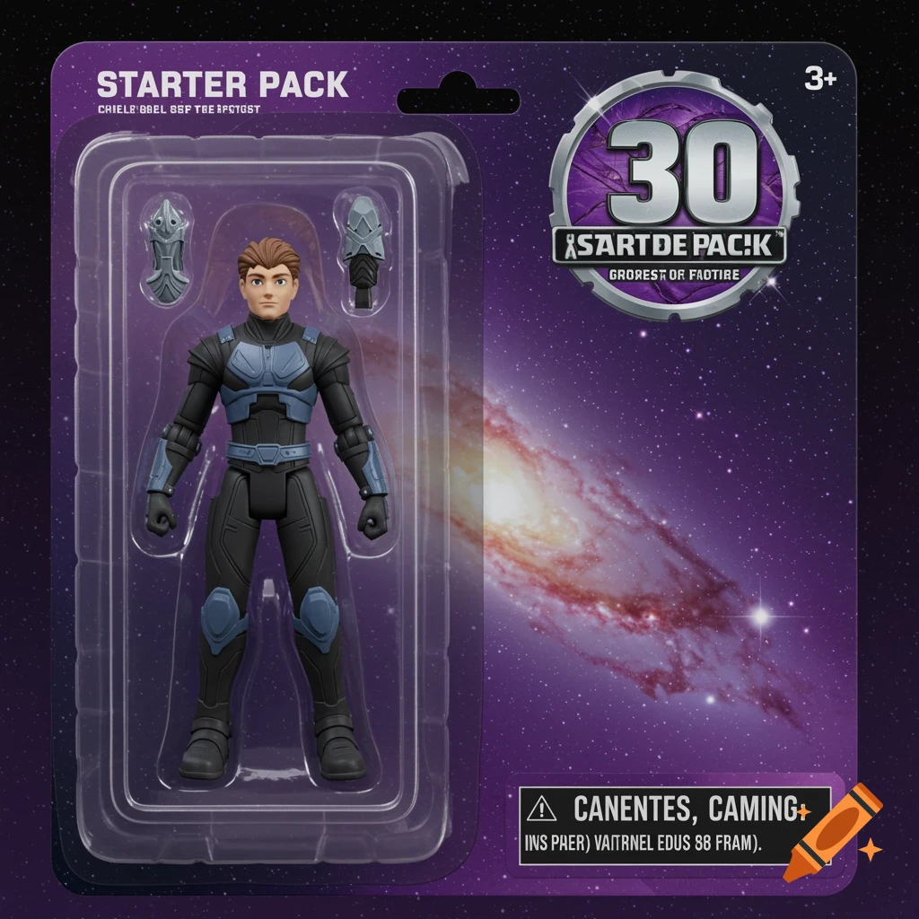 Action figure in Starter Pack toy packaging with a galaxy background