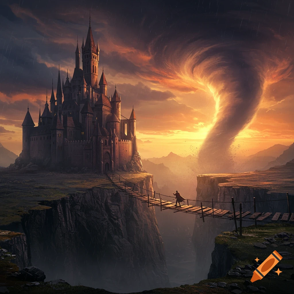 A person crosses a wooden bridge towards a large castle on a cliff, with a huge tornado behind them and a stormy, fiery sky.