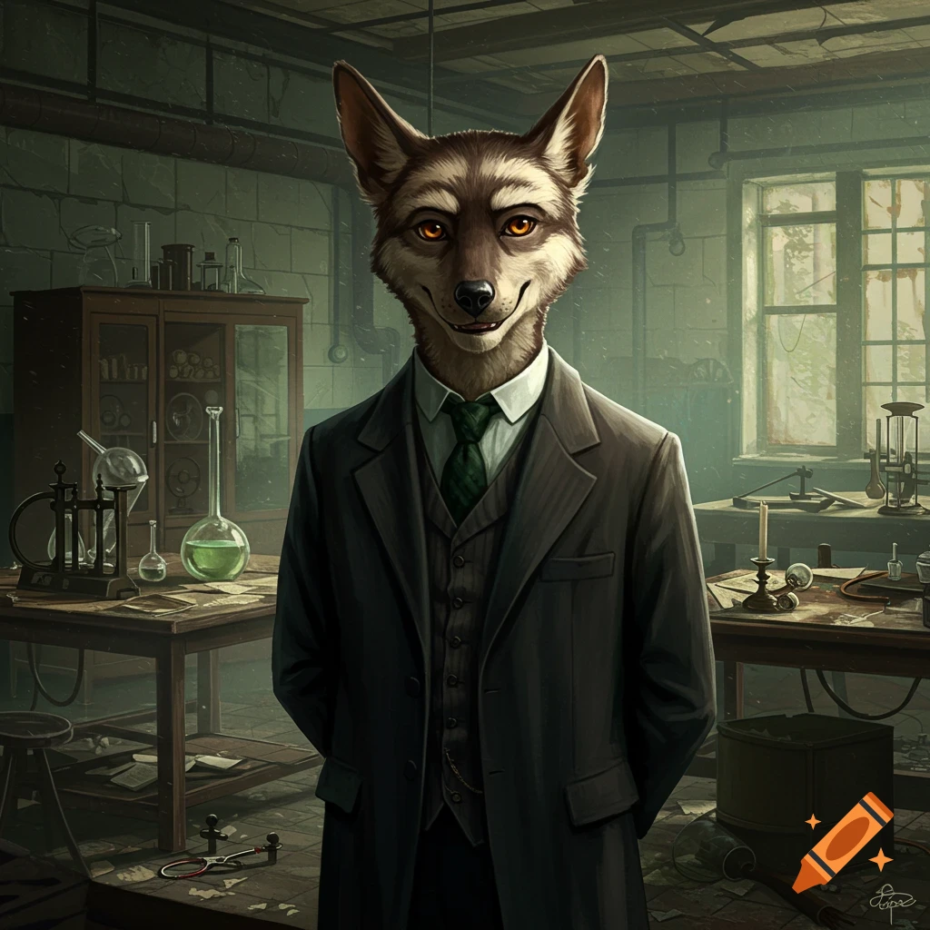 An anthropomorphic thylacine in a suit stands in a dimly lit laboratory