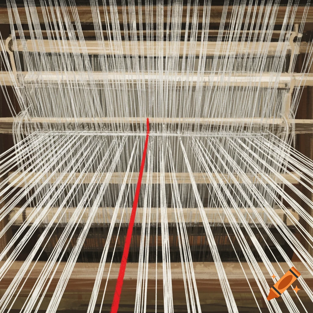 Watercolor painting of a loom full of white threads with a single red thread in the middle.