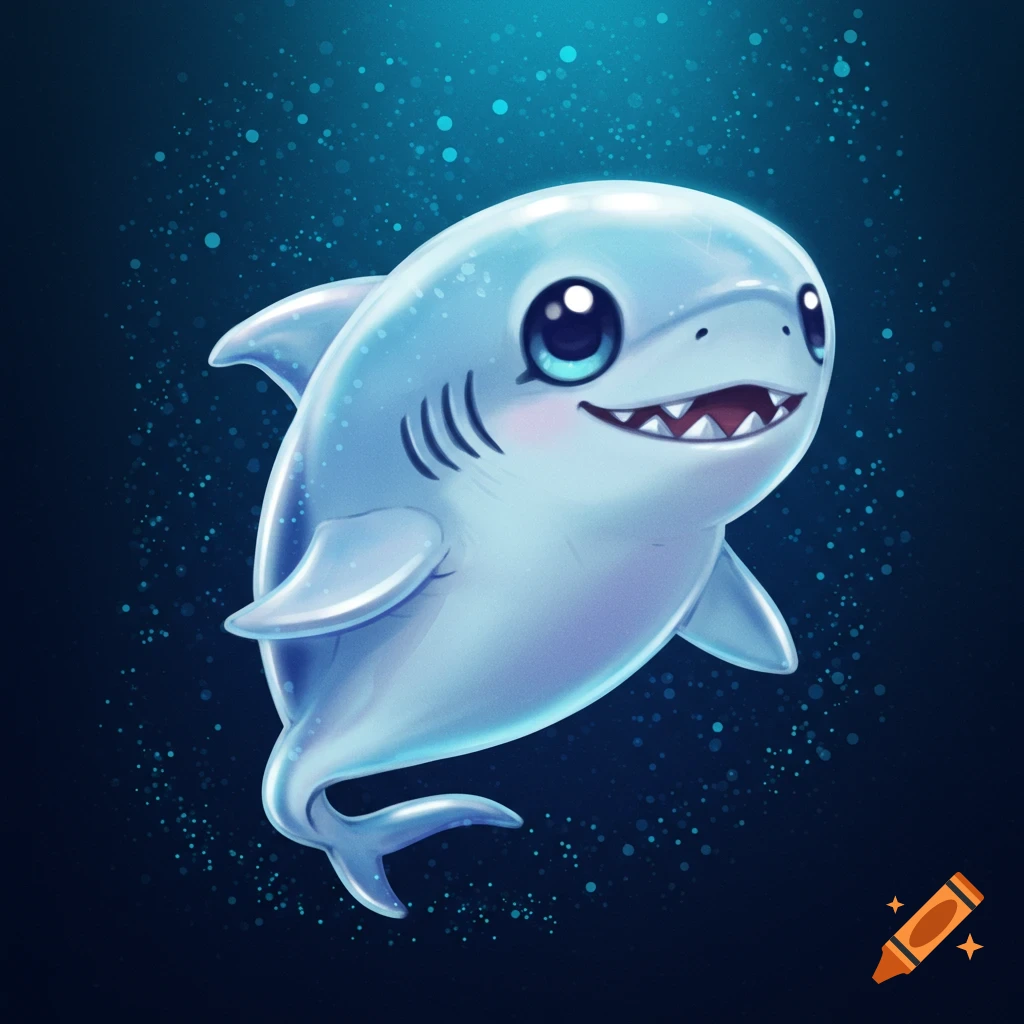 A cute cartoon shark with big eyes swims in dark blue water with bubbles. Digital illustration.