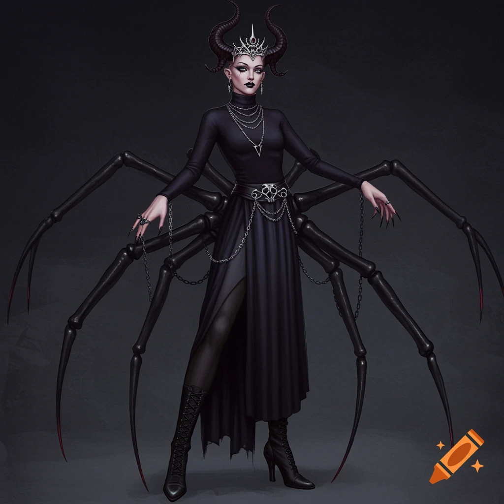 Dark fantasy figure with horns, spider legs, black dress, and boots.