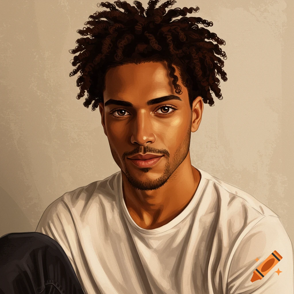 A portrait of a man with curly hair and a beard.