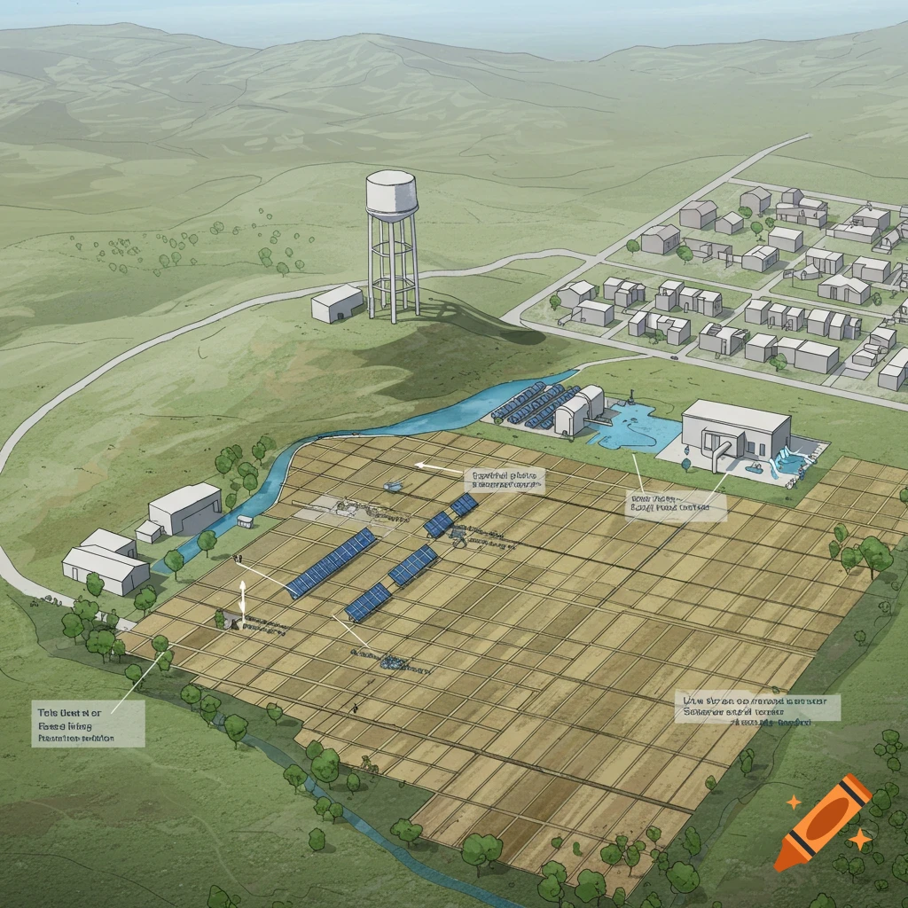 Aerial sketch of a rural landscape with a neighborhood, water tower, agricultural fields, solar panels, and infrastructure buildings.