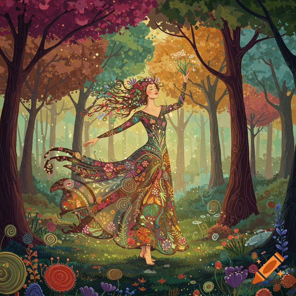 A woman in a floral dress is shown dancing in a vibrant, colorful forest, holding a flower.
