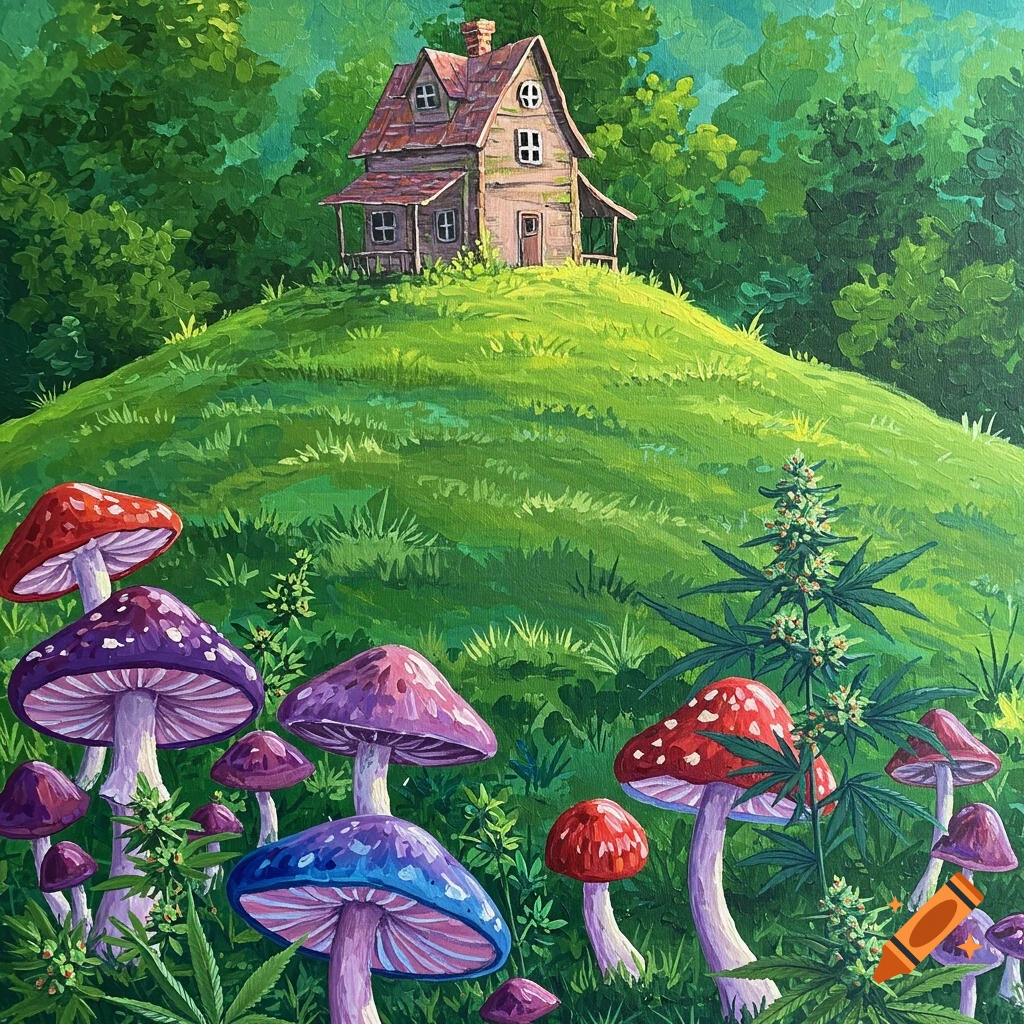 A painting of a small house on a hill with colorful mushrooms and marijuana plants in the foreground.