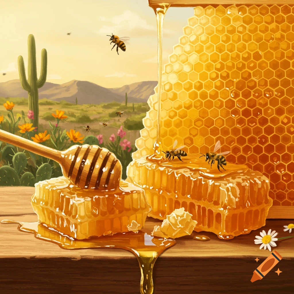 Honey dripping onto honeycomb with bees and a honey dipper in a desert landscape.