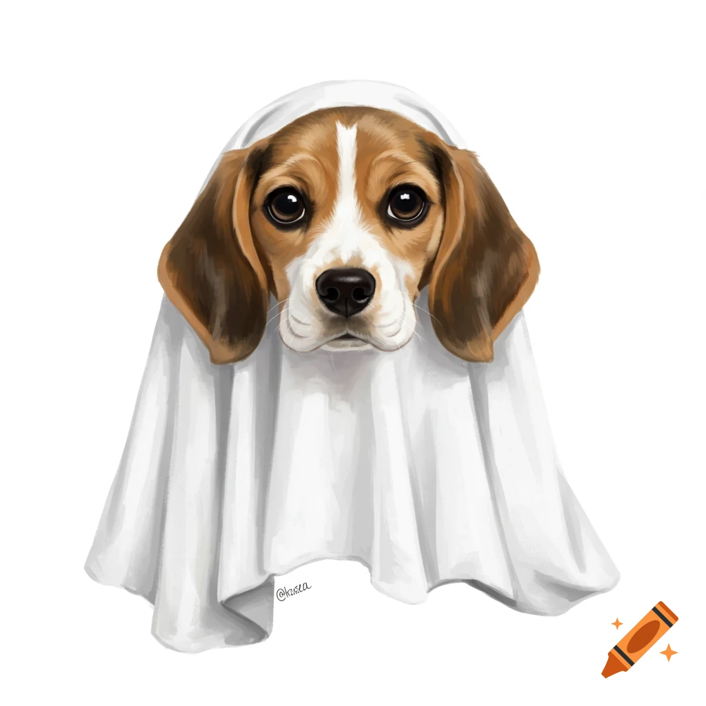 Cute beagle puppy dressed as a ghost