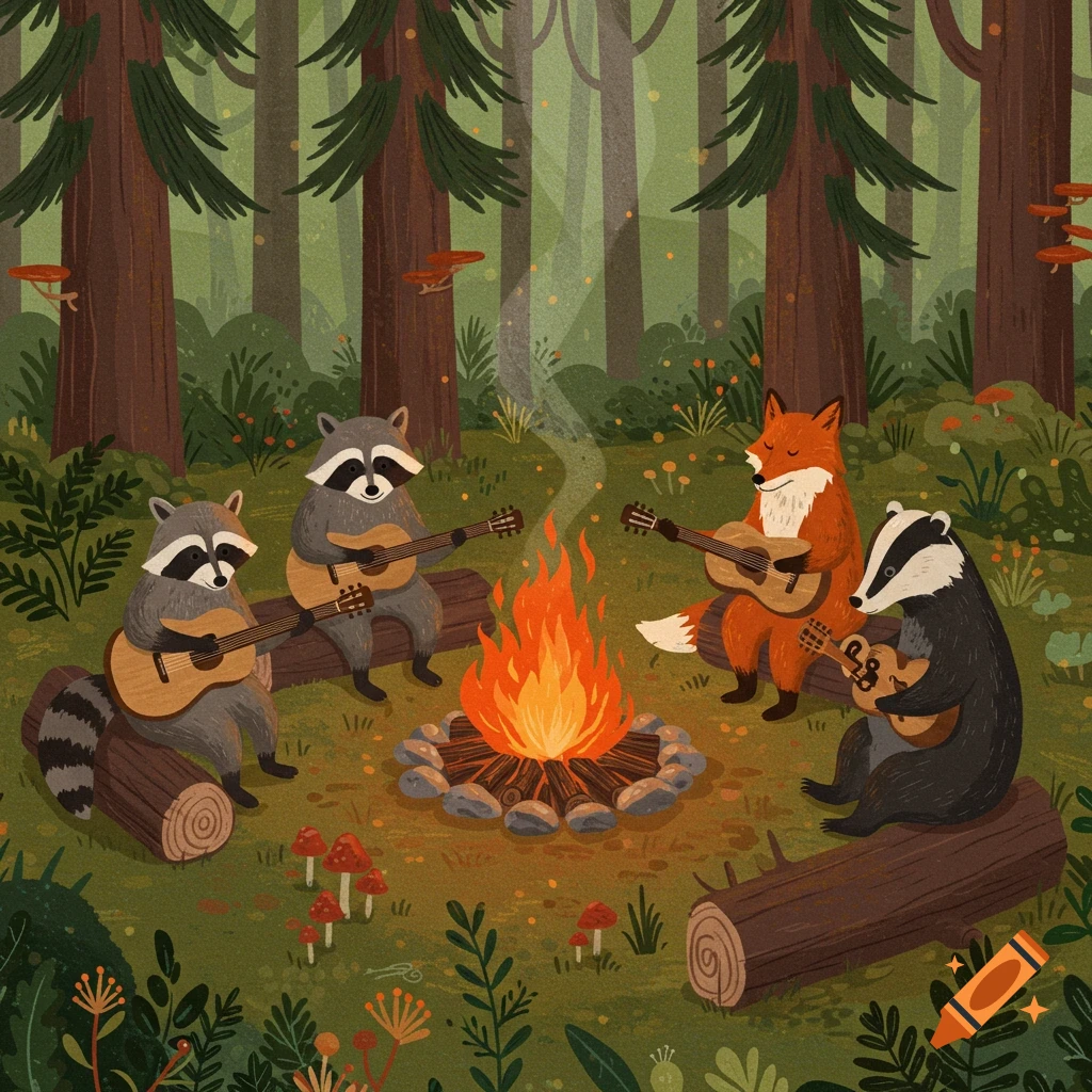 Cartoon raccoons, fox, and badger play guitars around a campfire in a forest.