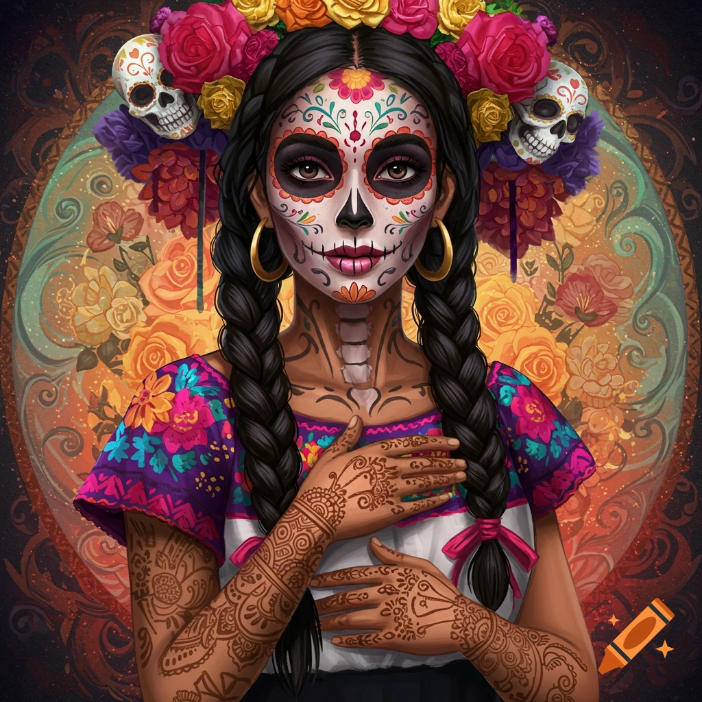 Woman with Dia de Muertos skull makeup, flower crown, braids, and patterned arms.