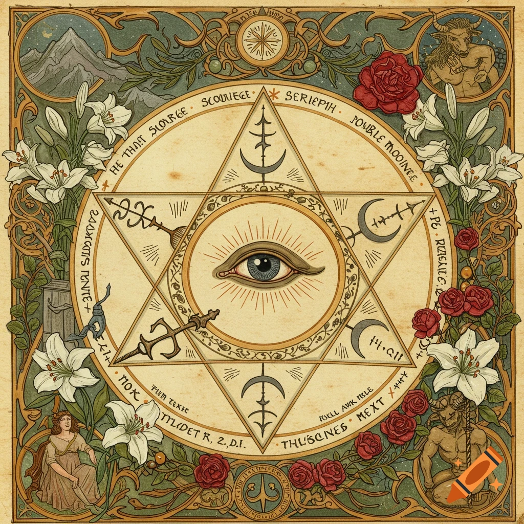 Illustration of a pentagram with an all-seeing eye, symbols, flowers, and mythical figures on aged parchment in a Pre-Raphaelite grimoire style.