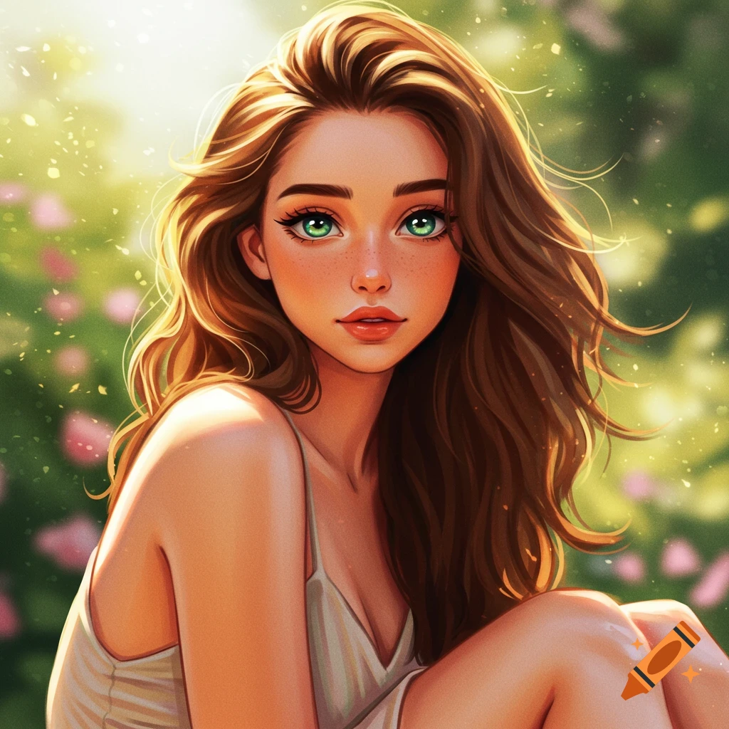 A woman with long brown hair and green eyes in a sunny outdoor setting.