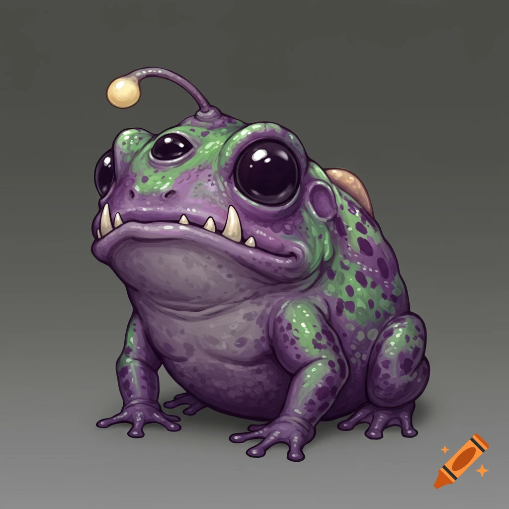 A purple and green toad-like creature with three eyes, sharp teeth, and an anglerfish antenna.