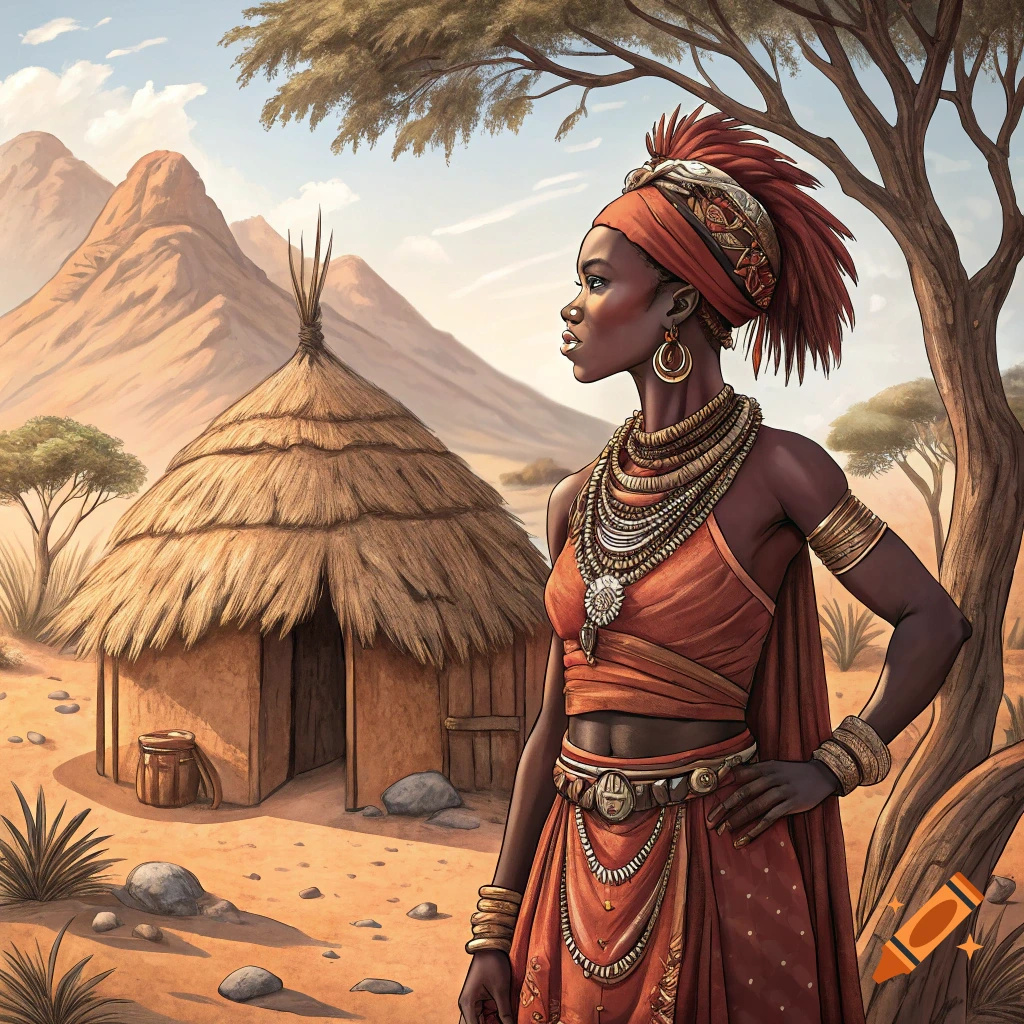 A woman in traditional tribal clothing and headwrap stands near a hut in a desert landscape.