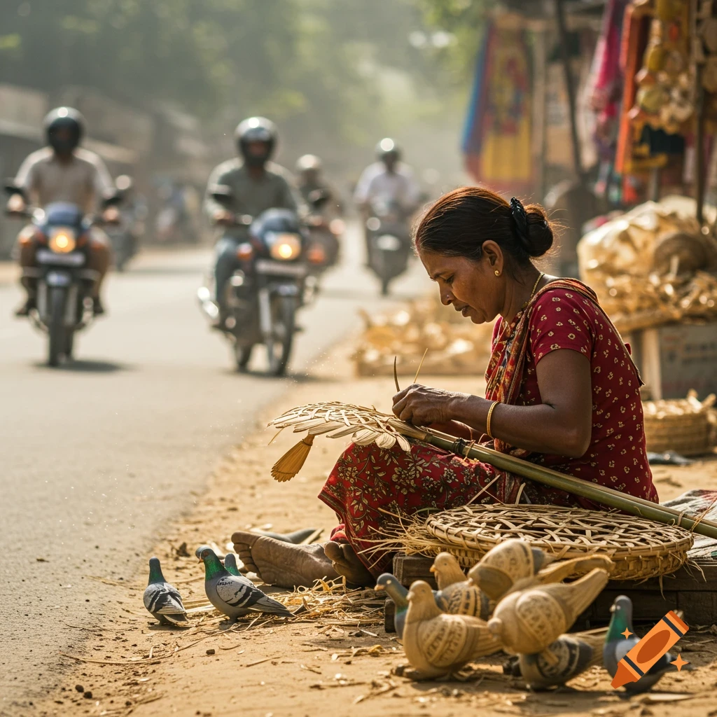 Elderly woman sits by road in India, making bamboo pigeons; motorcycles blur in background