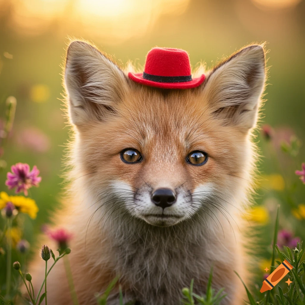 A close-up photorealistic image of a cute fox wearing a small red hat, sitting in a field of flowers at sunset.