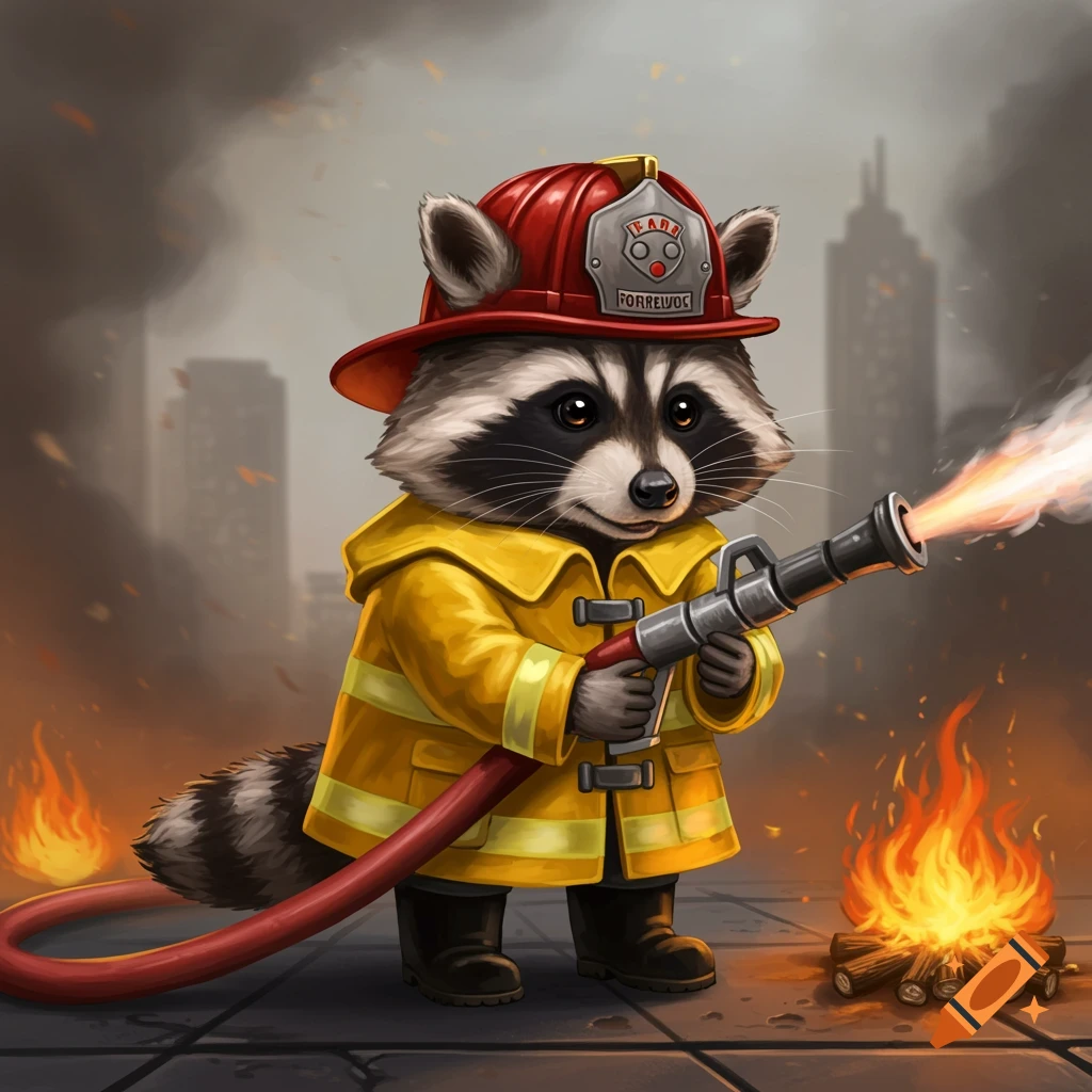 A cute raccoon firefighter aiming a hose at a fire in a smoky city.