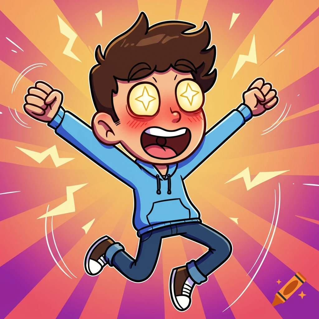 Cartoon illustration of a boy jumping excitedly with star-shaped eyes.