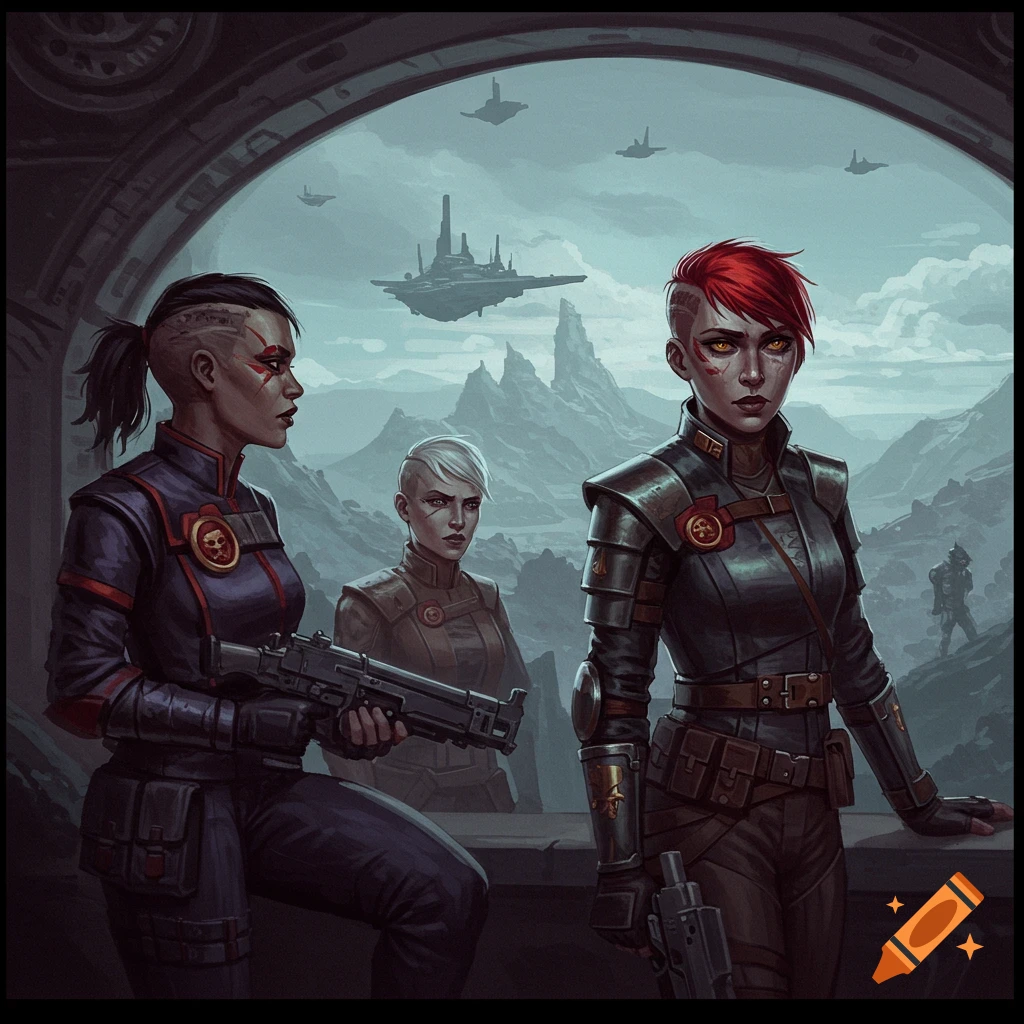Three women in sci-fi military uniforms look out a window at a futuristic landscape with mountains and flying craft.
