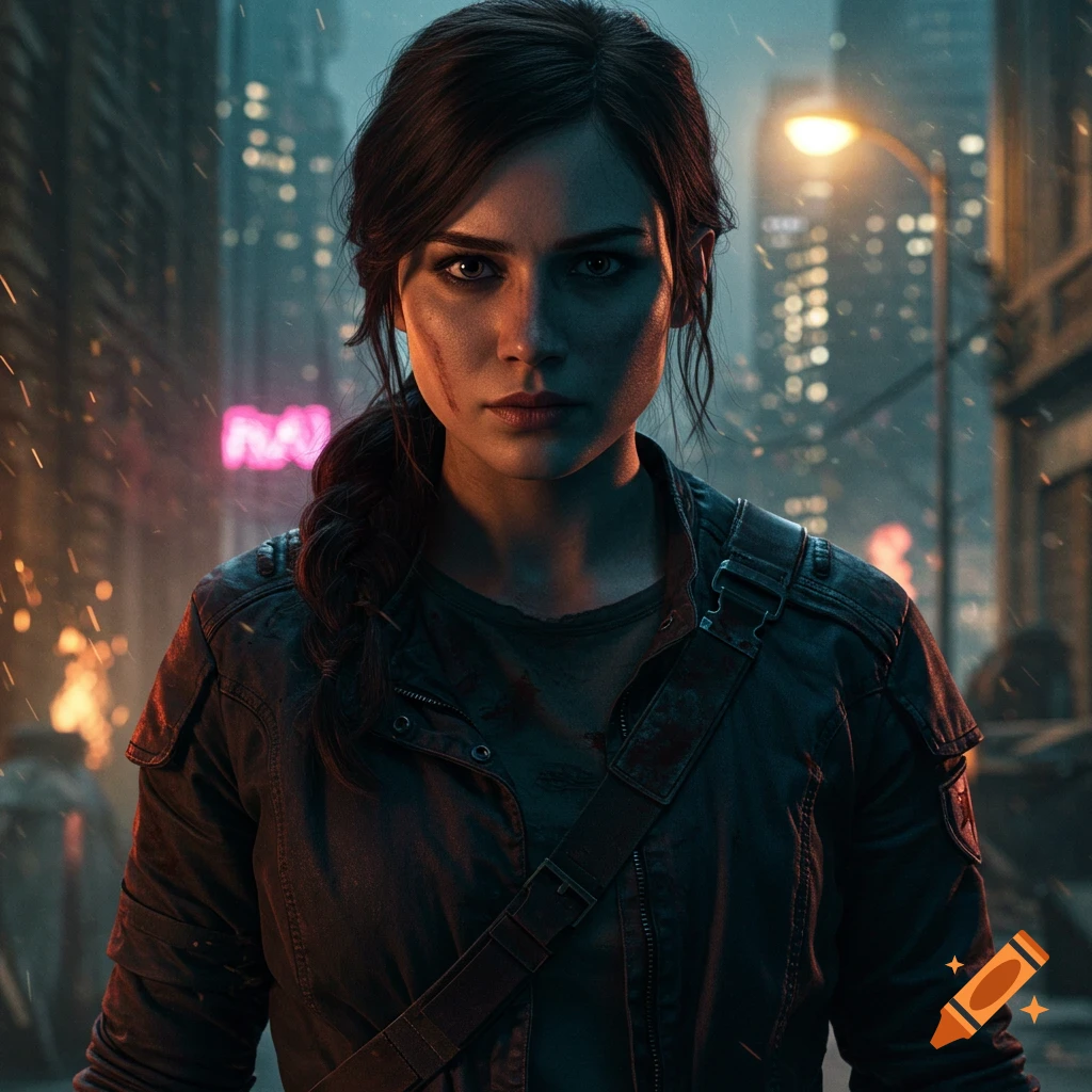 Close-up of a woman with a determined look on a rainy urban street at night.