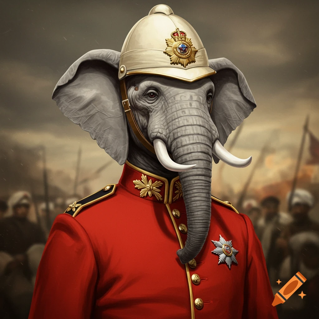 An elephant's head on a person wearing a red British military uniform and white pith helmet.