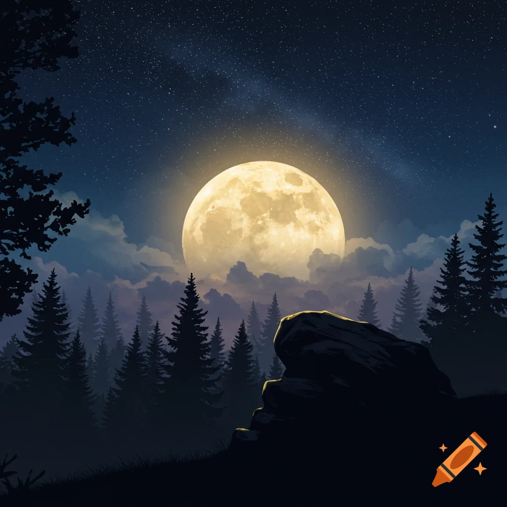 A full moon over a silhouetted forest and rock.