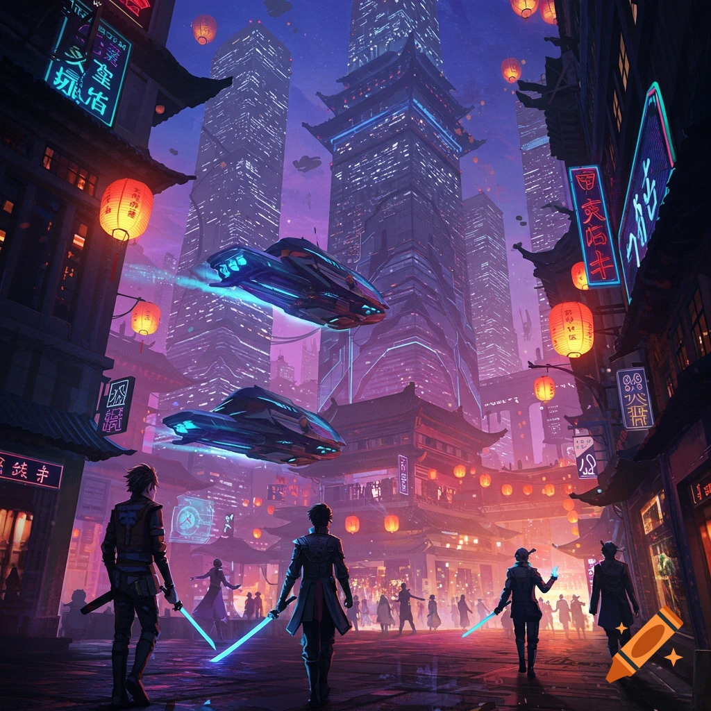 Four figures with glowing swords stand in a futuristic city street with flying vehicles and lanterns, night.