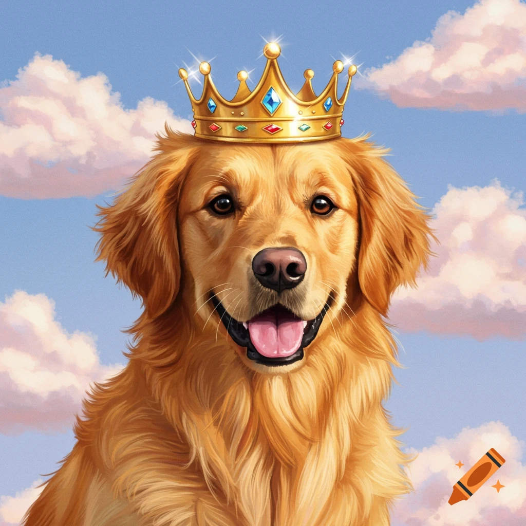 A golden retriever wearing a golden crown with jewels in the sky.