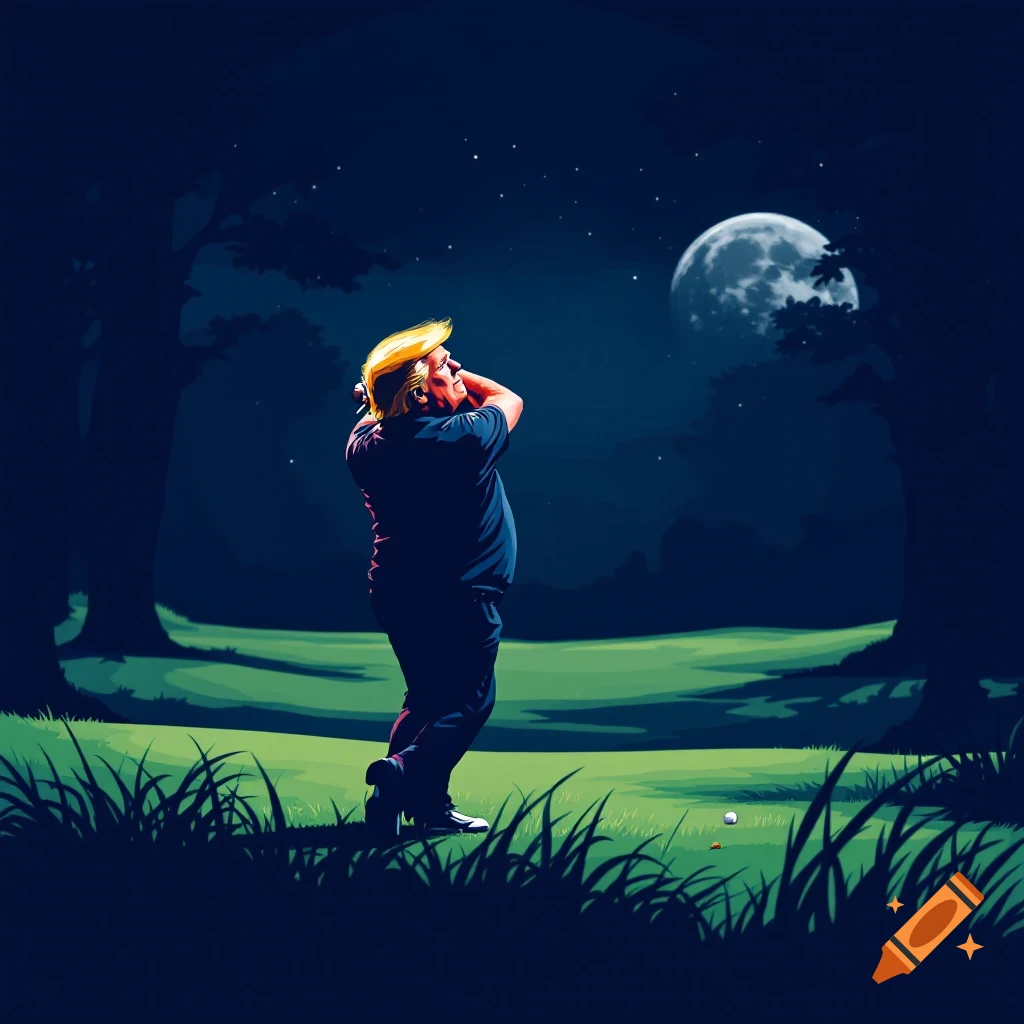 Person resembling Trump golfing at night under a full moon.