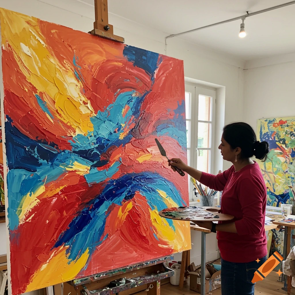 A woman paints a large abstract canvas with a palette knife in an art studio.