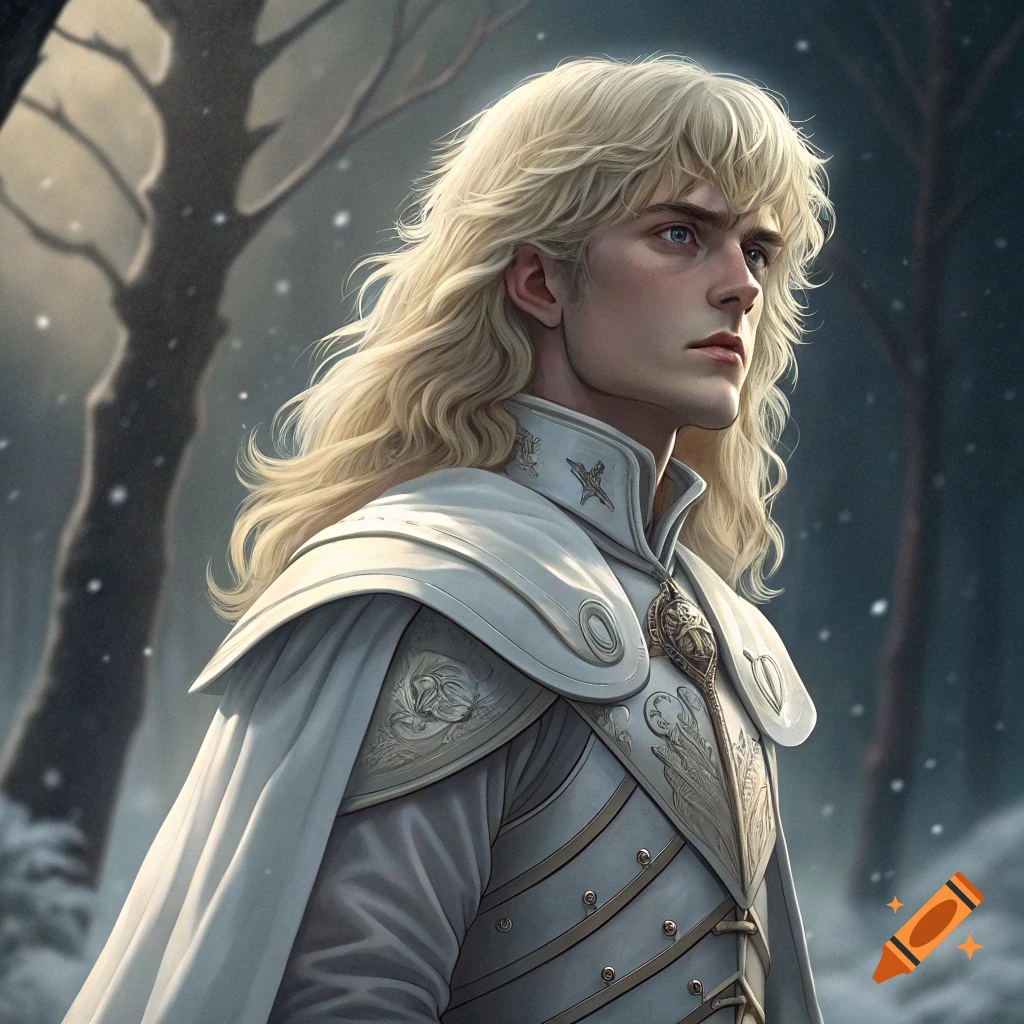 Young man with long blond hair in white fantasy armor in a snowy forest.