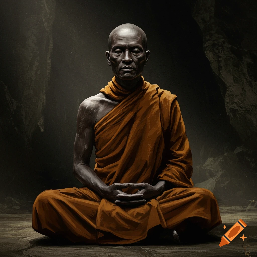 A bald monk in orange robes meditating in a dark cave.