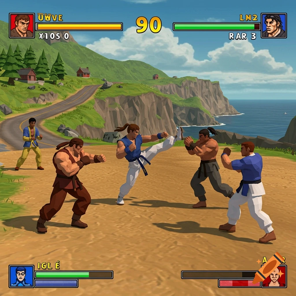 A fighting game screenshot in PS2 graphics style, showing multiple characters in combat on a cliffside overlooking the ocean.