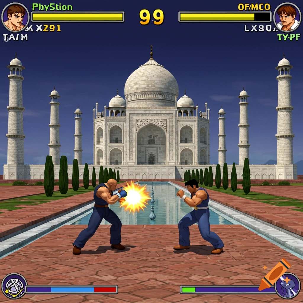 Two characters fight in a 3D game style in front of the Taj Mahal.