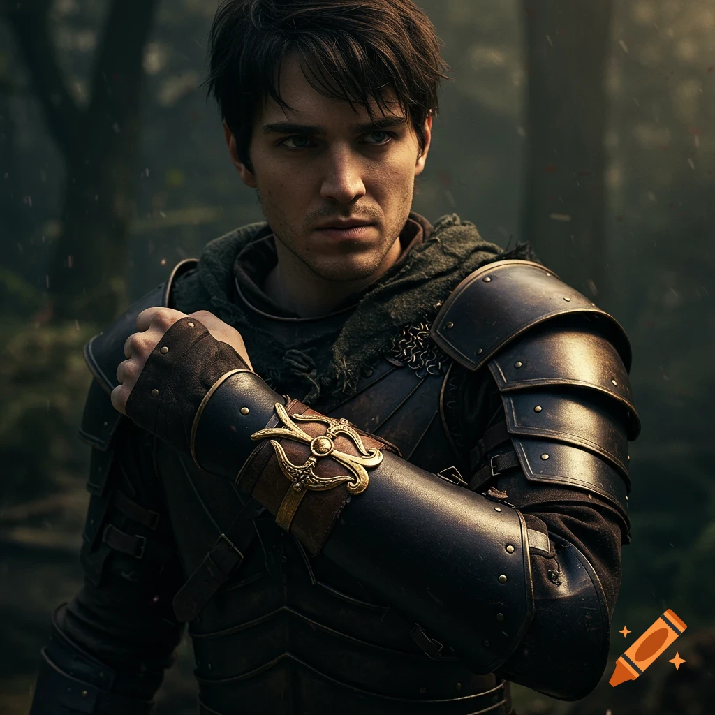 Photorealistic portrait of a man in dark fantasy armor standing in a forest