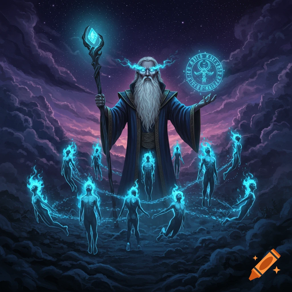 A wizard with glowing blue eyes, holding a staff, surrounded by floating figures made of blue energy against a dark sky.