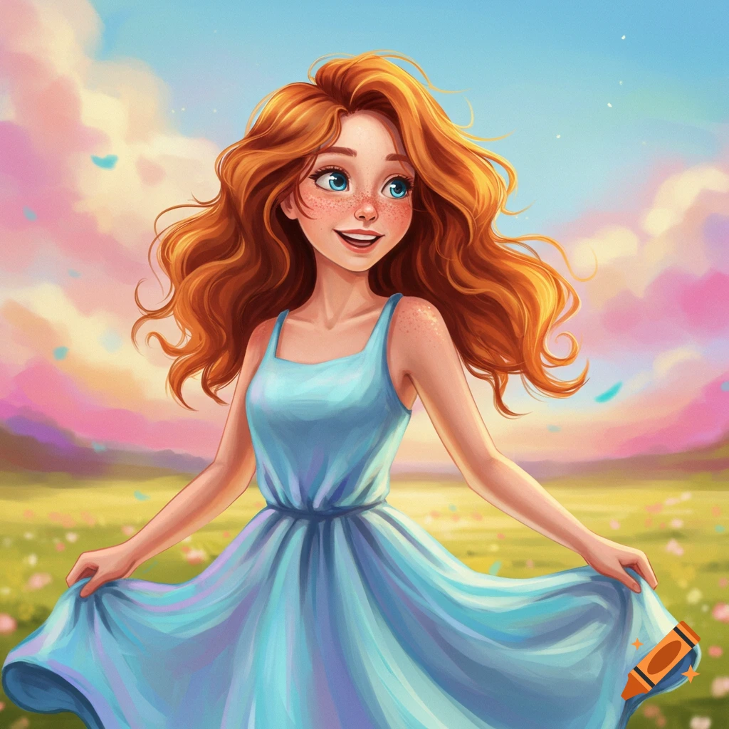 A smiling girl with red hair in a blue dress in a field.